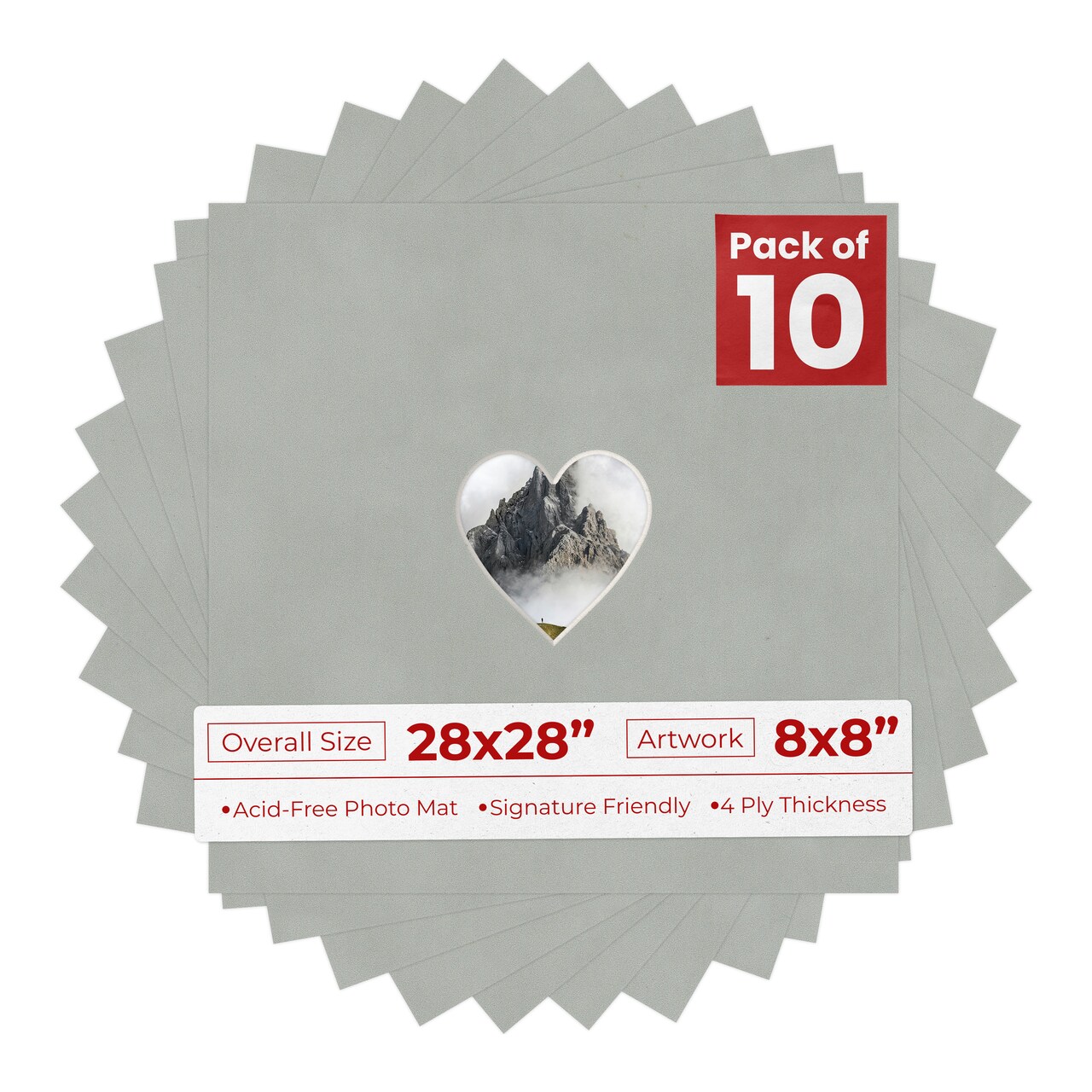 Light Grey Suede Mat Board for 28x28 Frames - Heart Opening for 8x8 Photos